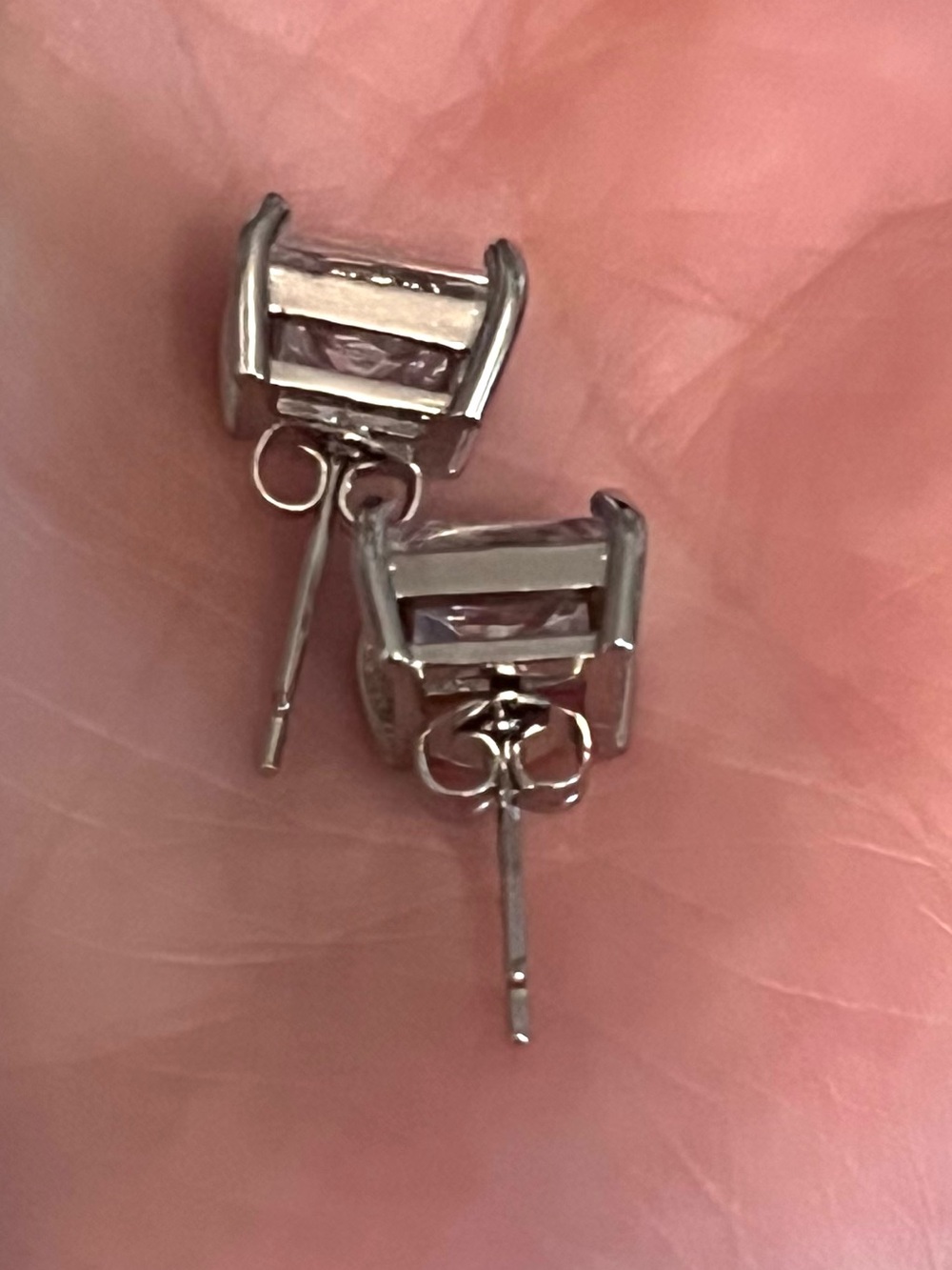 Silver Diamond Princess Cut Stud Earrings - Picture 6 of 8